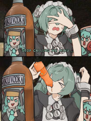 &gt;_&lt; 1girl 2koma absurdres alcohol bottle comic corin_wickes crying cuffs cup drinking english_text green_eyes green_hair hatsune_miku highres holding holding_bottle juice long_hair look-alike maid maid_headdress open_mouth orange_juice shackles short_sleeves thumbs_up twintails vocaloid vodka wawamachi zenless_zone_zero