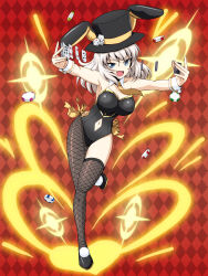 1girl absurdres alternate_costume animal_hat argyle_background argyle_clothes asymmetrical_legwear black_hat black_leotard black_shoes blue_eyes breasts card cleavage clothing_cutout collar detached_collar dice fishnet_pantyhose fishnet_thighhighs fishnets full_body girls_und_panzer grey_hair hat heart highres itsumi_erika kamishima_kanon large_breasts leaning_to_the_side leg_up leotard light_trail looking_at_viewer medium_hair navel_cutout necktie open_mouth pantyhose playboy_bunny playing_card poker_chip rabbit_hat red_background ribbon shoes side-tie_leotard single_thighhigh smile solo standing standing_on_one_leg strapless strapless_leotard thighhighs top_hat white_collar wing_collar wrist_cuffs yellow_necktie yellow_ribbon