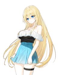 1girl absurdres bangle bare_shoulders black_shirt blonde_hair blue_eyes blue_skirt boong0619 bracelet breasts commission cowboy_shot frilled_shirt frills high-waist_skirt highres jewelry long_hair medium_breasts off-shoulder_shirt off_shoulder original pleated_skirt shirt shirt_tucked_in simple_background skirt smile solo thigh_strap very_long_hair white_background