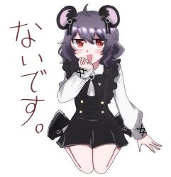 1girl :d absurdres alternate_costume animal_ear_fluff animal_ears black_bow black_skirt blush bow commentary_request cookie_(touhou) full_body grey_hair hair_bow hand_on_own_chin heart heart-shaped_pupils high-waist_skirt highres jirai_kei kafka_(tokumei_senpai) long_sleeves looking_at_viewer mouse_ears nazrin nyon_(cookie) open_mouth red_eyes shirt short_hair simple_background sitting skirt smile solo symbol-shaped_pupils touhou translation_request wariza white_background white_shirt