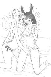 2girls absurdres animal_ears blush bottomless breasts closed_eyes closed_mouth commentary_request cross cross_necklace fingering frilled_panties frills greyscale hand_on_another&#039;s_waist heart highres hitsujimusume94 jewelry kneeling long_hair medium_breasts monochrome multiple_girls mythra_(xenoblade) necklace nia_(xenoblade) nipples open_mouth panties ponytail short_hair smile speech_bubble sweat topless_female translation_request underwear xenoblade_chronicles_(series) xenoblade_chronicles_2 yuri