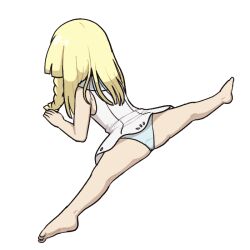 1girl bare_legs barefoot blonde_hair commentary dress feet full_body hand_up lillie_(pokemon) long_hair nintendo panties pokemon pokemon_sm short_dress simple_background sleeveless sleeveless_dress solo sorrowitch toes underwear white_background white_dress