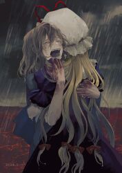 2girls absurdres blonde_hair blood blood_on_hands closed_eyes crying hat hat_ribbon highres hug long_hair long_sleeves low-tied_long_hair maribel_hearn medium_hair mob_cap multiple_girls open_mouth outdoors rain red_ribbon revision ribbon touhou very_long_hair white_hat xianyu_liang yakumo_yukari