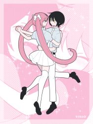 1boy 1girl belt black_belt black_shoes black_socks bow bowtie closed_mouth collared_shirt couple dancing full_body grey_shirt hair_bow happy hetero highres holding_hands light_smile loafers long_hair looking_at_another original outstretched_arm pants pink_background puffy_short_sleeves puffy_sleeves rari_q shirt shirt_tucked_in shoes short_hair short_sleeves skirt socks standing standing_on_one_leg thighhighs twintails white_bow white_bowtie white_pants white_skirt white_thighhighs yellow_eyes