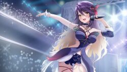 1girl :d absurdres alternate_costume black_choker blonde_hair blurry blurry_background blush breasts choker commentary english_commentary feather_hair_ornament feathers gradient_background hair_between_eyes hair_ornament highres holding holding_microphone lua_asuka lukas_reule microphone navel open_mouth production_kawaii purple_hair second-party_source single_wrist_cuff smile solo sparkle stage teeth tongue upper_teeth_only virtual_youtuber wrist_cuffs yellow_eyes