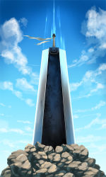 berserk blue_sky cloud commentary_request dragonslayer_(sword) no_humans planted planted_sword planted_weapon rock shopyun sky still_life sword weapon weapon_focus