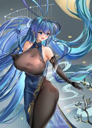 Rule 34 | 1girl, absurdres, azur lane, bilibili username, blue dress, blue eyes, blue hair, branch, breasts, china dress, chinese clothes, cleavage, covered navel, dress, highres, large breasts, long hair, minuo songshu, new jersey (azur lane), new jersey (dancing in the moonlight) (azur lane), official alternate costume, print dress, see-through cleavage, see-through clothes, solo