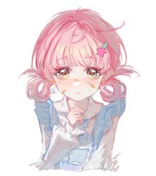 1girl blue_bow blue_bowtie blue_overalls blunt_bangs bow bowtie brown_eyes childhood_moments_(infinity_nikki) chinese_commentary clenched_hand collared_shirt commentary_request copyright_name cropped_torso earrings eyelashes fengyuyulai76327 frilled_sleeves frills hair_ornament hair_rings hairclip highres infinity_nikki jewelry light_blush long_sleeves loose_hair_strand mismatched_earrings nikki_(series) overalls paint_palette paint_splatter paint_splatter_on_face parted_lips pink_hair pocket puffy_long_sleeves puffy_sleeves shirt short_hair simple_background sleeves_past_wrists solo star_(symbol) star_hair_ornament straight-on teeth white_background white_shirt