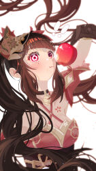 1girl apple bare_shoulders bell black_choker brown_hair choker dress food fox_mask fruit gloves halterneck highres honkai:_star_rail honkai_(series) long_hair looking_at_viewer mask neck_bell pink_eyes red_dress smile solo sparkle_(honkai:_star_rail) twintails user_tkxf3275