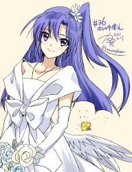 1girl blue_eyes blue_hair blush bouquet breasts dated dress earrings flower gloves hair_ornament highres jewelry kanna_(plum) kazanari_tsubasa long_hair looking_at_viewer numbered one_side_up painttool_sai_(medium) senki_zesshou_symphogear signature simple_background smile solo symphogear_pendant twitter_username white_dress white_gloves wings
