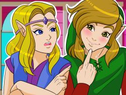 &gt;:o 1boy 1girl :o annoyed bishounen blonde_hair blue_eyes blush circlet crossed_arms derivative_work eye_contact faces_of_evil finger_to_own_chin gem green_eyes grin head_tilt hood index_finger_raised indoors light_brown_hair link link:_the_faces_of_evil long_hair looking_at_another nintendo outline pointy_ears princess_zelda smile swept_bangs taplo_albore the_legend_of_zelda the_legend_of_zelda_(cd-i) upper_body v-shaped_eyebrows window