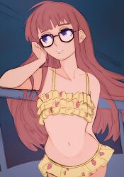Rule 34 | 1girl, against railing, ahoge, bikini, blunt bangs, blysill, brown hair, facing viewer, food print, frilled bikini, frills, fruit print, glasses, highres, long hair, navel, persona, persona 5, purple eyes, railing, sakura futaba, sideways glance, solo, stomach, strawberry print, swimsuit, very long hair, yellow bikini