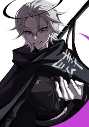 1boy alternate_costume aotsuki_eito belt black_cloak blue_eyes cloak glasses gloves grin halo highres holding holding_scythe holding_weapon last_defense_academy_school_uniform looking_at_viewer male_focus messy_hair open_mouth scythe simple_background smile solo solo_focus teeth the_hundred_line_-last_defense_academy- upper_body weapon white_background white_gloves white_hair