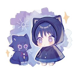 1boy alternate_costume animal_ear_hood animal_ears animalization bloomers blush cat_ears chibi cloak coat fake_animal_ears feathers genshin_impact highres hood hood_up hooded_cloak jairosan looking_at_animal male_focus official_alternate_costume open_mouth person_and_animalization pom_pom_(clothes) purple_cat purple_coat purple_eyes purple_hair purple_hood scaramouche_(cat)_(genshin_impact) scaramouche_(genshin_impact) simple_background standing string tareme underwear wanderer_(genshin_impact) white_bloomers white_mouth white_trim wispy_bangs yellow_feathers