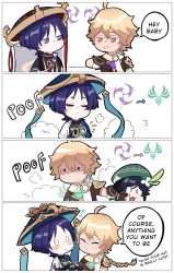 Rule 34 | 3boys, aether (genshin impact), ahoge, arm armor, arm up, arrow (symbol), bell, beret, black eyes, black hair, black shirt, blonde hair, blue headwear, blue vest, blush, braid, brown shirt, closed eyes, closed mouth, comic, commentary, crystal, crystal earrings, earrings, english commentary, english text, flower, gem, genshin impact, gold, green gemstone, green headwear, grey shirt, hair between eyes, hand on another&#039;s face, hand up, hands up, hat, hat flower, hat ornament, highres, jewelry, jingasa, julydelic, leaf, leaf hat ornament, long hair, looking at another, looking to the side, mandarin collar, multicolored clothes, multiple boys, neck bell, necklace, no mouth, open clothes, open vest, orange eyes, pom pom (clothes), purple eyes, purple hair, red headwear, scaramouche (genshin impact), scarf, shaded face, shirt, short hair, short sleeves, simple background, single earring, smile, smug, speech bubble, standing, teeth, two-tone vest, v-shaped eyebrows, venti (genshin impact), vest, wanderer (genshin impact), white background, white eyes, white flower, white scarf, white vest