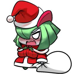 1girl blush breasts empty_eyes female_focus gen_3_pokemon gipehtyboo green_hair kirlia large_breasts nintendo open_mouth padoru_(meme) pokemon solo standing white_background