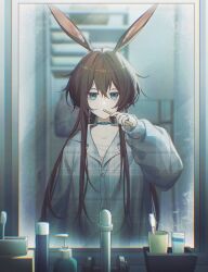 Rule 34 | 1girl, amiya (arknights), animal ears, aqua eyes, arknights, brown hair, brushing teeth, buttons, chromatic aberration, collarbone, commentary, english commentary, ev-oo, grey pajamas, hair between eyes, hair intakes, highres, holding, holding toothbrush, indoors, jewelry, long sleeves, looking at viewer, mirror, multiple rings, pajamas, plaid clothes, plaid pajamas, ring, shirt, sink, solo, t-shirt, toilet, toothbrush, toothbrush in mouth, undershirt, white shirt, white undershirt