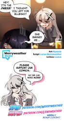1boy 1girl four-finger_heart_hands absurdres ahoge arm_rest black_hair blush cup drinking_glass grey_hair hair_ornament heart heart_hands highres long_hair looking_at_viewer merryweather original personification ryuuxin smile smug speech_bubble twitter twitter_x_logo x-chan_(merryweather)