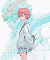 1girl amate_yuzuriha aqua_eyes beanie black_hat collared_shirt commentary cowboy_shot gquuuuuux gundam gundam_gquuuuuux haro hat highres holding looking_at_viewer mecha mobile_suit necktie non-humanoid_robot pom_pom_(clothes) pom_pom_beanie red_hair robot school_uniform science_fiction shirt short_hair skirt skolly sweater