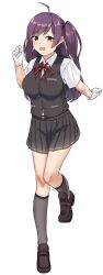 1girl absurdres ahoge asymmetrical_hair black_skirt black_vest blush breasts brown_eyes brown_shoes full_body garylin gloves grey_socks hagikaze_(kancolle) highres kantai_collection long_hair looking_at_viewer neck_ribbon one_side_up open_mouth photoshop_(medium) pleated_skirt purple_hair red_ribbon ribbon school_uniform shirt shoes short_sleeves skirt smile socks solo vest white_background white_gloves white_shirt