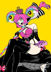 1boy 1girl amamiya_ren aqua_hair black_coat black_gloves black_thighhighs bow breasts coat crown elbow_gloves eye_mask femdom frills gloves highres hiiragi_alice holding igusaharu mask medium_breasts multicolored_hair open_mouth persona persona_5 persona_5_scramble:_the_phantom_strikers pink_hair purple_crown short_hair simple_background sitting sitting_on_person thighhighs tilted_headwear white_mask yellow_background yellow_eyes