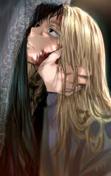 Rule 34 | 1boy, 1girl, absurdres, black eyes, black hair, blonde hair, blood, blood on face, blurry, gomang1201, highres, long hair, osaragi (sakamoto days), sakamoto days, shishiba (sakamoto days), upper body, veil