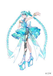 1girl absurdly_long_hair aqua_dress aqua_eyes aqua_hair back_bow black_pantyhose bow bracelet commentary_request copyright_notice dress hand_up hatsune_miku jewelry long_hair looking_at_viewer mura_karuki official_art pantyhose platform_shoes shoes simple_background single_leg_pantyhose sleeveless sleeveless_dress smile solo torn_clothes torn_pantyhose very_long_hair vocaloid white_background white_bow white_shoes