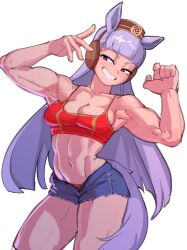 Rule 34 | 1girl, abs, alternate muscle size, animal ears, biceps, blunt bangs, bow, crop top, cutoffs, denim, denim shorts, flexing, gold ship (umamusume), highres, horse ears, horse girl, horse tail, long hair, muscular, muscular female, nudiedoodles, obliques, open clothes, open shorts, pillbox hat, purple eyes, red tank top, shorts, tail, tank top, umamusume