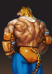 Rule 34 | 1boy, absurdres, ass, bara, bodysuit, brown background, elbow pads, feet out of frame, gauntlets, gloves, highres, king (tekken), looking to the side, male focus, manly, mask, mature male, muscular, muscular arms, muscular legs, muscular male, pants, simple background, solo, tail, tekken, thighs, tiger mask (object), tiger tail, tight clothes, traver009