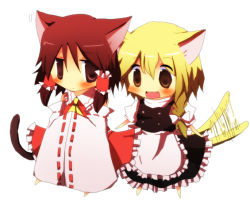 2girls animal_ears bad_id bad_pixiv_id blonde_hair blush braid brown_hair cat_ears cat_girl cat_tail chibi detached_sleeves fang female_focus hair_ribbon hakurei_reimu hands_in_opposite_sleeves happy japanese_clothes kemonomimi_mode kirisame_marisa miko multiple_girls no_headwear no_headwear pasutel red_eyes red_hair ribbon short_hair tail tail_wagging touhou wide_sleeves yellow_eyes