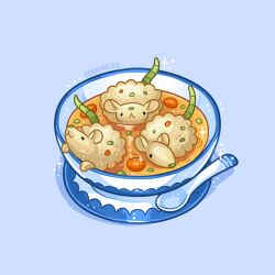 :&lt; animal_focus blue_background bowl carrot_slice charongess commentary english_commentary food food_art food_focus foodification matzo_ball mouse_(animal) no_humans original smile soup sparkle spoon