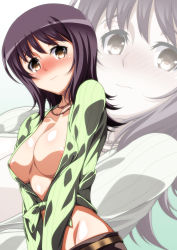 1girl areola_slip blush breasts brown_eyes cleavage female_focus front-tie_shirt front-tie_top highres itsuwa large_breasts pants purple_hair solo tagme toaru_majutsu_no_index zoom_layer