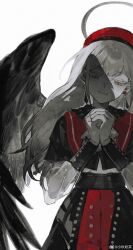 1girl ascot bang_dream! bang_dream!_it&#039;s_mygo!!!!! beret black_capelet black_collar black_overskirt black_sleeve_cuffs black_wings buttons capelet chinese_commentary clenched_hand closed_mouth collar commentary_request cowboy_shot double-parted_bangs earrings feathered_wings greyscale half-closed_eyes halo hands_up hat head_tilt highres jewelry long_hair long_sleeves looking_at_viewer monochrome mortis_(bang_dream!) mortis_(costume)_(bang_dream!) mortis_(persona)_(bang_dream!) ochano own_hands_together red_capelet red_eyes red_hat red_shorts see-through_clothes see-through_sleeves shadow shirt shorts sidelocks simple_background smile solo spot_color straight-on wakaba_mutsumi watermark weibo_watermark white_background white_shirt wings