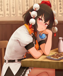 1girl belt black_belt black_hair black_skirt breasts chair choko_(cup) closed_mouth collared_shirt cup food frilled_skirt frills hat head_rest highres indoors kisaragi_koushi light_frown medium_breasts neck_ribbon pom_pom_(clothes) puffy_short_sleeves puffy_sleeves purple_eyes red_eyes red_hat ribbon ribbon-trimmed_skirt ribbon_trim shameimaru_aya shirt short_hair short_sleeves sitting skirt solo table tokin_hat tokkuri touhou white_shirt
