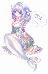 1girl blue_eyes blue_hair blush commentary dress drill_hair drill_sidelocks fins frilled_dress frills full_body green_dress head_fins highres looking_at_viewer mermaid monster_girl rhea_(156latte) sash short_hair sidelocks simple_background solo speech_bubble touhou wakasagihime white_background