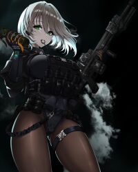 absurdres ammunition_pouch assault_rifle black_background black_gloves black_leotard black_pantyhose breasts bulletproof_vest explosive flashbang gloves green_eyes grenade grey_hair gun highres holding holding_grenade holding_weapon large_breasts lee_nabi leotard magazine_(weapon) medium_hair orange_gloves pantyhose pouch rifle simple_background smoke soulworker thigh_strap two-tone_gloves user_tkdh8778 weapon