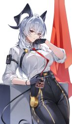 1girl absurdres ahoge arm_pouch black_eyes black_gloves black_horns black_pants black_pouch black_tail breasts button_gap chest_harness closed_mouth commentary cowboy_shot cup curled_horns demon_tail drinking_glass earrings gloves grey_hair hand_up harness high-waist_pants highres holding holding_cup horns jewelry jira_(0116) key_earrings large_breasts long_hair looking_at_viewer mole mole_under_eye multicolored_eyes multicolored_hair necktie no_jacket pants red_eyes red_necktie shirt shirt_tucked_in solo streaked_hair tail two-tone_eyes white_shirt wuthering_waves zani_(wuthering_waves)