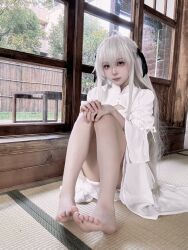 asian bare_legs black_eyes cosplay_photo dress highres indoors kasugano_sora photo_(medium) shi_liang_yu sitting white_dress white_hair yosuga_no_sora
