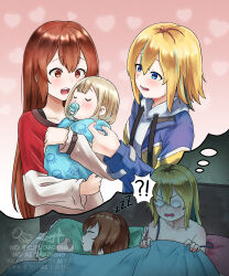 3girls absurdres baby blonde_hair blue_bra blue_eyes blue_jacket bra brown_hair chinese_commentary closed_eyes collarbone colored_inner_hair commentary_request green_hair grey_hoodie hair_between_eyes hair_length_switch highres hood hood_down hoodie if_they_mated implied_yuri jacket jelee-chan kouzuki_mahiru long_hair lower_teeth_only multicolored_hair multiple_girls mutsuki_(mutsuki0110) open_clothes open_jacket open_mouth pacifier red_sweater roots_(hair) short_hair sleeping strap_slip streaked_hair sweater teeth under_covers underwear upper_teeth_only watermark yamanouchi_kano yoru_no_kurage_wa_oyogenai yuri zzz