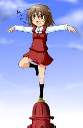 &gt;:d 1girl brown_eyes brown_hair female_focus fire_hydrant full_body hidamari_sketch jijiani looking_up open_mouth school_uniform shijiani short_hair skirt sky solo standing standing_on_one_leg yuno_(hidamari_sketch)
