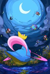 animal_focus aomon_(yuuji7604) blue_eyes blue_skin colored_skin commentary_request crescent_moon cresselia flower from_below gen_3_pokemon gen_4_pokemon highres illumise legendary_pokemon moon multicolored_skin nintendo no_humans open_mouth pokemon pokemon_(creature) smile two-tone_skin volbeat yellow_skin