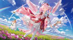 1girl aqua_eyes aqua_hair beret black_shoes cloud cloudy_sky creature dress flower grass hand_up hat helen_(helenwork015) highres holding holding_wand honkai:_star_rail honkai_(series) hyacine_(honkai:_star_rail) little_ica_(honkai:_star_rail) looking_at_viewer open_mouth pantyhose pink_flower pink_hair pink_wings rainbow red_dress red_hat shoes sky smile solo standing twintails wand white_pantyhose wings