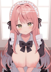 1girl apron black_bow black_bowtie black_dress black_ribbon blunt_bangs blush bow bowtie breasts breasts_out cleavage closed_mouth commission dress frown furrowed_brow green_eyes hair_ribbon highres indoors large_breasts long_hair looking_at_viewer maid maid_headdress nipples original pink_hair puffy_nipples ribbon uramakaron v_arms white_apron window