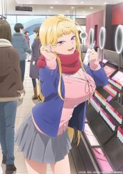 Rule 34 | 1girl, bag, black hair, blazer, blonde hair, blue eyes, blue jacket, blue nails, breasts, brown footwear, brown hair, cleavage, dosanko gal wa namaramenkoi, fuyuki minami, grey skirt, gyaru, hair behind ear, highres, holding, indoors, jacket, large breasts, leaning forward, lipstick, long hair, looking at viewer, makeup, multiple girls, neckwear, official art, open mouth, pink shirt, pleated skirt, red neckwear, red scarf, scarf, school uniform, shirt, skirt, smile, solo focus, standing, store