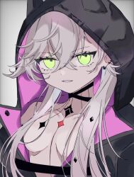1girl breasts earrings fate/grand_order fate_(series) green_eyes highres hood jewelry lilith_(fate) lilith_(first_ascension)_(fate) looking_at_viewer parted_lips small_breasts smile solo twintails white_hair yaruco_(freedumco)