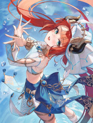 1girl aqua_eyes arched_back bakoko blue_bow blue_gemstone blush bow breasts brooch circlet commentary dancer detached_sleeves fake_horns floating_hair gem genshin_impact gold_trim gradient_eyes highres horns jewelry long_sleeves looking_at_viewer looking_back medium_breasts multicolored_eyes neck_ring nilou_(genshin_impact) orange_hair puffy_long_sleeves puffy_sleeves smile solo thighlet veil waist_bow water water_drop white_veil