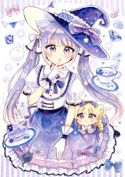 2girls absurdres animal_ear_fluff animal_ears blonde_hair blue_hat blue_skirt blueberry bow braid cake cake_slice cat_ears cat_girl cat_tail chibi collared_shirt commentary_request cup flower food fruit fushigi_na_neko_no_machi_meltier gloves gradient_clothes gradient_skirt grey_hair hand_to_own_mouth hand_up hat hat_bow highres hime_(fushigi_na_neko_no_machi_meltier) long_hair looking_at_viewer marker_(medium) mini_person minigirl multiple_girls parted_lips pennant plate puffy_short_sleeves puffy_sleeves purple_bow purple_eyes purple_skirt rounded_collar rucora_(fushigi_na_neko_no_machi_meltier) sakura_oriko saucer shirt short_sleeves single_braid skirt star_(symbol) string_of_flags tail tilted_headwear traditional_media twintails very_long_hair white_background white_flower white_gloves white_shirt witch_hat