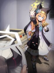 2girls absurdres animal_ears blue_archive blue_eyes braid braided_ponytail cat_ears cat_girl cat_teaser commentary cross demon_horns drooling flower frilled_socks frills hair_flower hair_ornament halo highres holding holding_cat_teaser holding_cross horns kayoko_(blue_archive) low_ponytail mari_(blue_archive) mary_janes meme multiple_girls neckerchief nun orange_hair outstretched_arm photo-referenced ponytail shadow shoes socks sweat symbol-only_commentary tearing_up th3cr0ma white_socks
