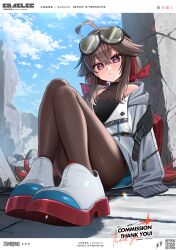 1girl ahoge bare_shoulders black_pantyhose brown_hair colored_shoe_soles commentary commentary_request commission edajima_denki english_commentary goggles goggles_on_head hair_flaps hair_ribbon highres jacket knees long_hair looking_at_viewer low_twintails multicolored_hair on_floor original pantyhose red_hair red_ribbon ribbon shoes sitting skeb_commission solo streaked_hair twintails two-tone_hair white_jacket white_shoes
