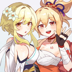 2girls :d arm_tattoo backless_dress backless_outfit bandaged_arm bandaged_chest bandages black_gloves blonde_hair cape chest_tattoo choker collared_cape dress enipa_28 fingerless_gloves flower flower_tattoo folded_ponytail genshin_impact gloves hair_between_eyes hair_flower hair_ornament hand_up highres japanese_clothes kimono light_blush lily_(flower) looking_at_viewer looking_back lumine_(genshin_impact) multiple_girls open_mouth orange_eyes orange_kimono pendant_choker red_choker short_hair_with_long_locks single_bare_shoulder smile tattoo teeth upper_teeth_only white_background white_cape white_dress white_flower yoimiya_(genshin_impact)
